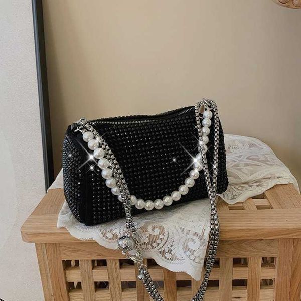 

spring and summer new fashion foreign style shiny rhinestone underarm women's bag pearl chain boston portable shoulder bag