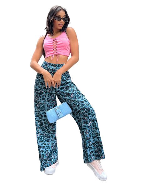 

all over print wide leg pants o7a8#, Black;white