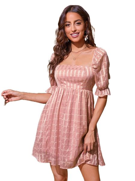 

plaid print square neck a-line dress 418f#, Black;gray