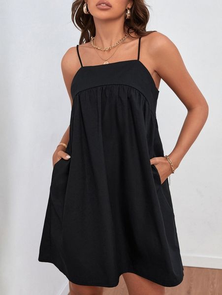 

slant pocket tie back cami dress r6px#, Black;gray