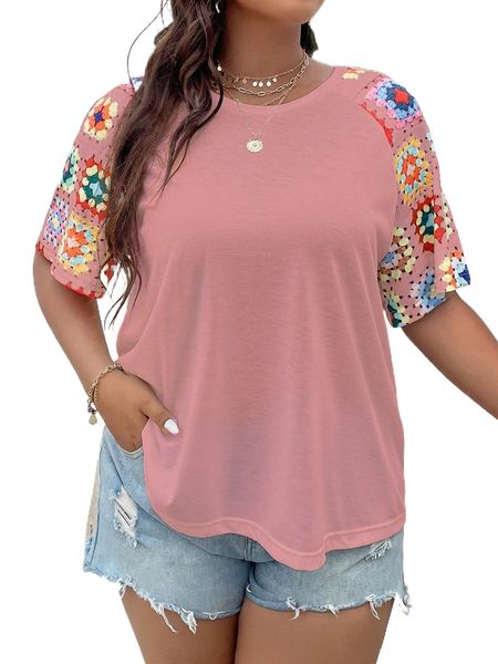 

plus graphic print contrast raglan sleeve tee j8nj#, Black