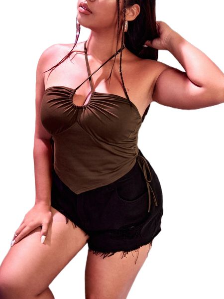 

plus bandana hem crisscross tie backless crop halter g0q1#, Black