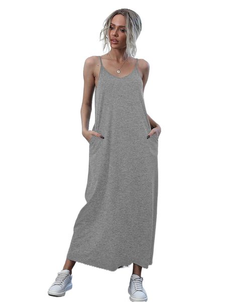 

slant pocket solid cami dress e0p8#, Black;gray