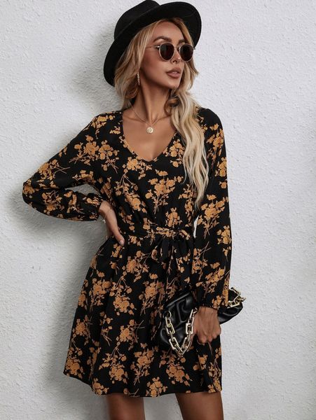 

floral print belted dress p4i7#, Black;gray