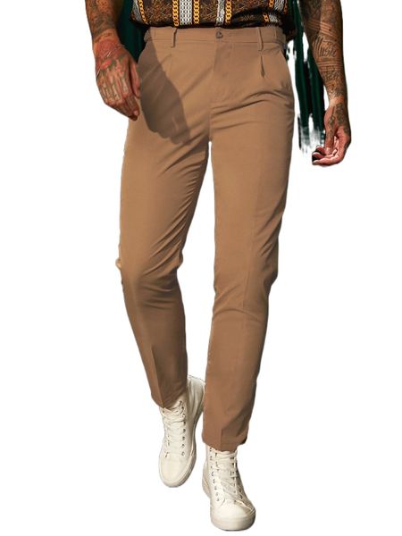 

men solid slant pocket tailored pants 56ic#, Black