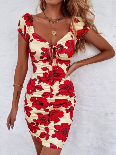 

floral print sweetheart neck bodycon dress h8ya#, Black;gray