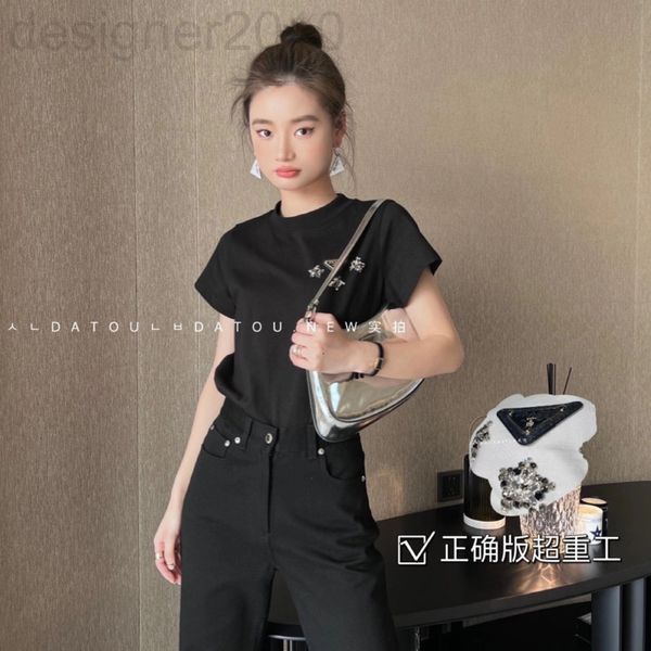 

women's t-shirt designer correct version triangle five pointed star nail bead diamond studded short sleeve t-shirt casual wear thin wom, White