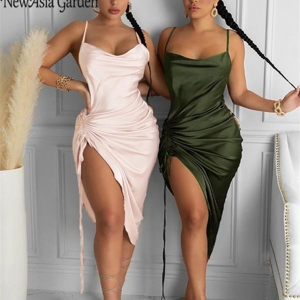

asia ruched satin summer dress drawstring spaghetti straps cowl neck backless long dresses for women party vestidos 220330, Black;gray