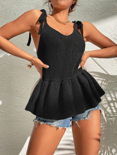 

tie shoulder peplum hem cami knit l1ts#, White;black