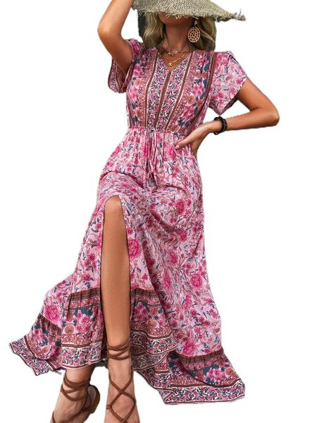 

floral print tie front split thigh dress 53y5#, Black;gray