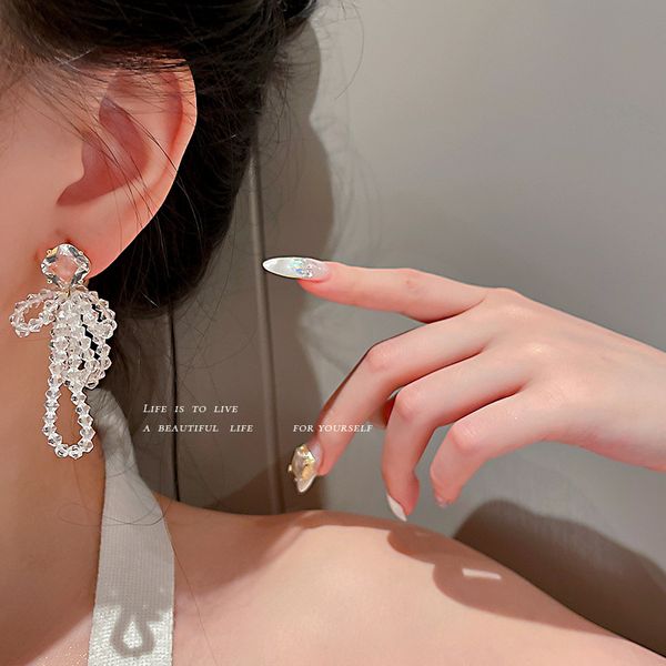 

925 silver needle japanese and korean super fairy simple zircon crystal string beads earrings bow high-key eardrop fashion earrings for wome, Golden