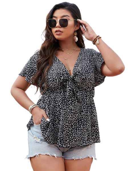 

plus all over print tie front peplum blouse d4vd#, Black
