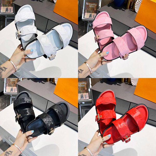 

bom dia flat mule slippers designer leather womens sandals 2 straps with adjusted gold buckles women summer slshoe''louise'&#, Black