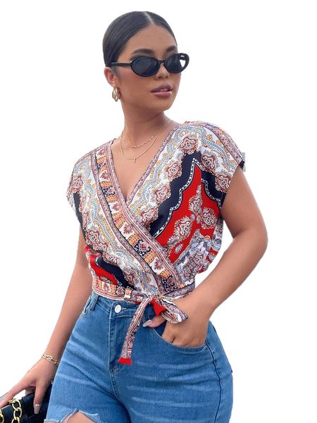 

scarf print batwing sleeve wrap knot side blouse w04s#, White