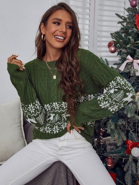 

drop shoulder christmas pattern sweater c2h8#, White;black