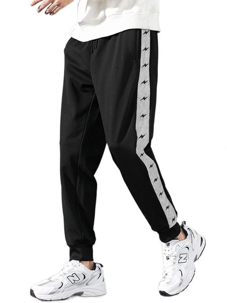 

romwe guys lightning graphic stripe side pants o0gj#, Black