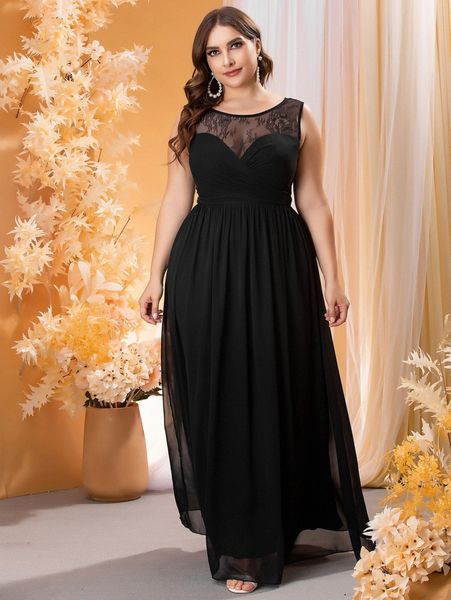 

plus lace panel sleeveless chiffon prom dress g7hu#, Black