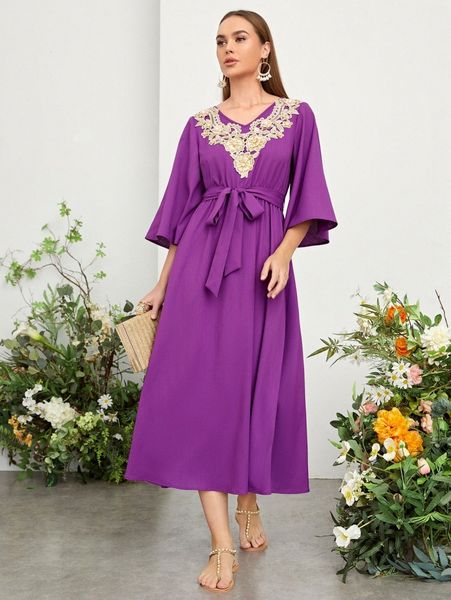 

bell sleeve floral appliques self belted dress h9iw#, Black;gray