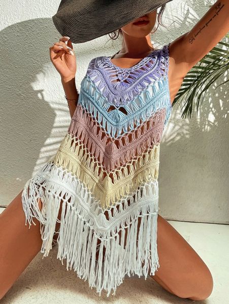 

color block open stitch cover up v9qs#, White;black