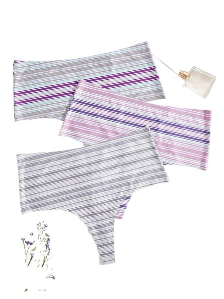

plus 3pack high rise striped thong i57t#, Black;white