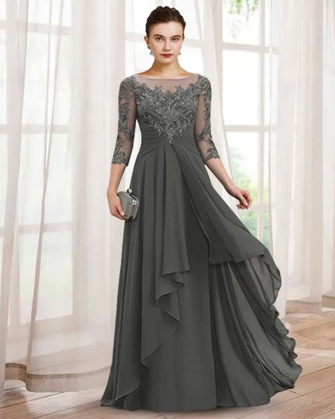 2022 A-Linie Grau Vintage Chiffon Mutter der Braut Kleid U-Ausschnitt Spitze Applikationen Halbarm Patin Hochzeit Party Kleider