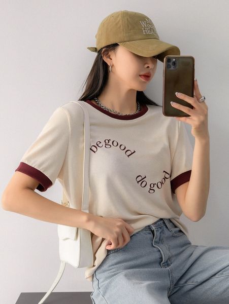 

dazy slogan graphic contrast trim tee l219#, White