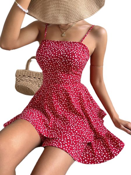 

ditsy floral print layered hem romper c0yd#, Black;white