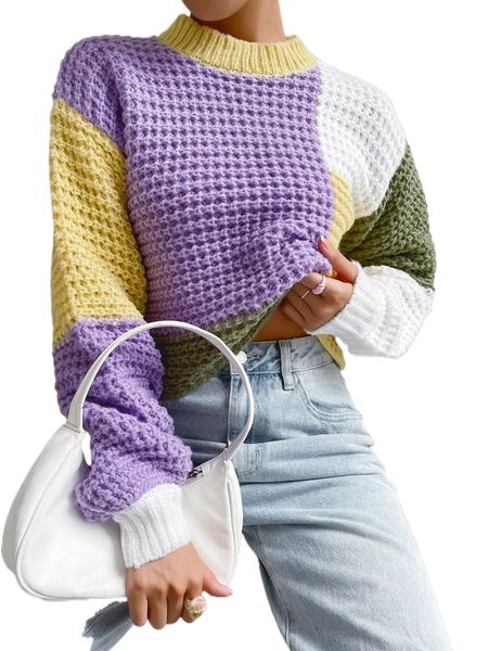 

color block mock neck drop shoulder sweater w3c7#, White;black