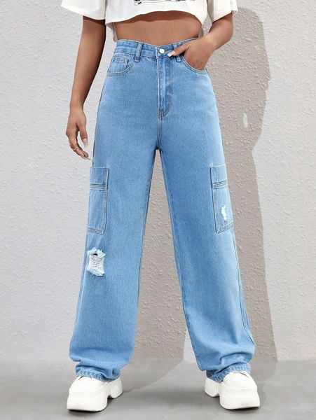 

high waist ripped pocket side cargo jeans j0ul#, Blue
