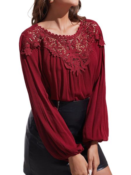 

guipure lace panel keyhole back lantern sleeve blouse u9lu#, White