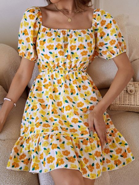 

floral puff sleeve flounce hem dress r50w#, Black;gray