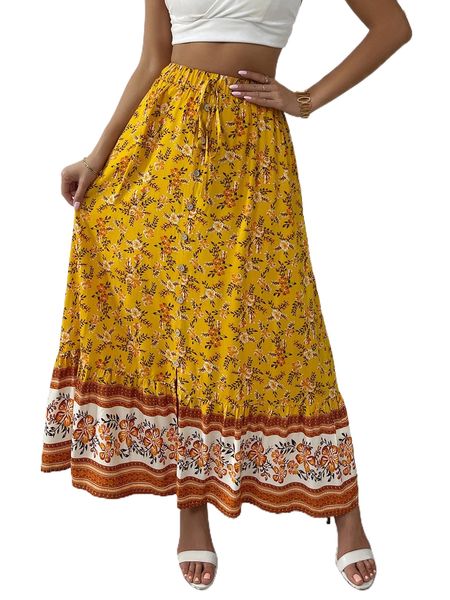 

allover floral print tie waist fake buttons ruffle hem skirt h21l#, Black