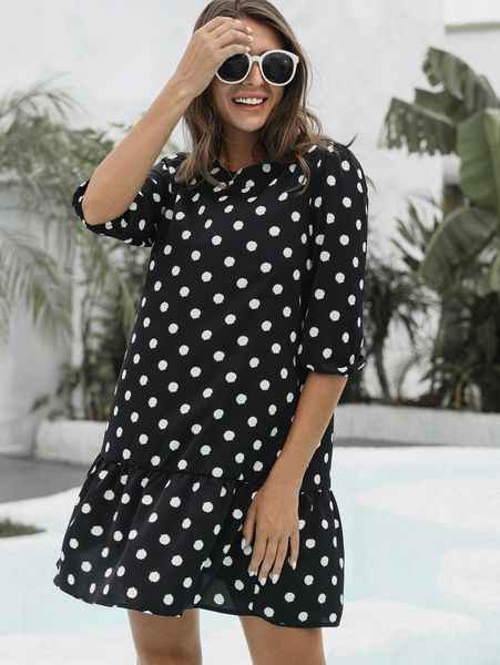 

polka dot smock dress g2du#, Black;gray