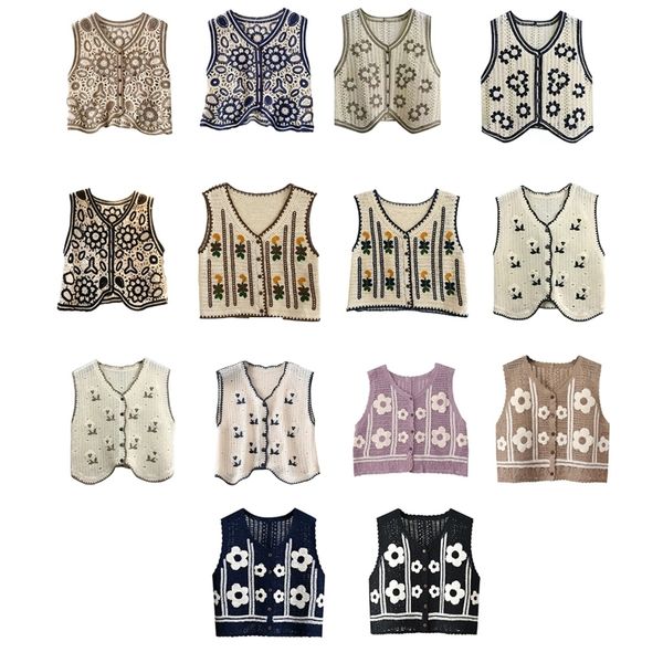 449B Coreano Boho Mulheres Crochet Knit Vest Colete Vintage Colorido Floral Padrão Sem Mangas Cardigan Jaqueta Retro Hippie Down 220715