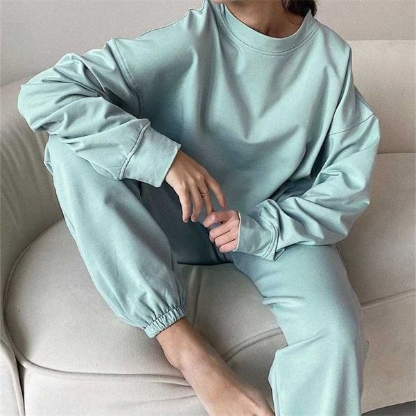 

wotwoy elastic waist casual sweatshirt women 2 pieces matching pants sets autumn winter loose tracksuits female solid pullovers 211006, Black