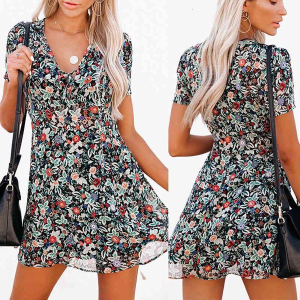 

casual dresses summer women's short sleeve v-neck floral dress 9bed, Black;gray