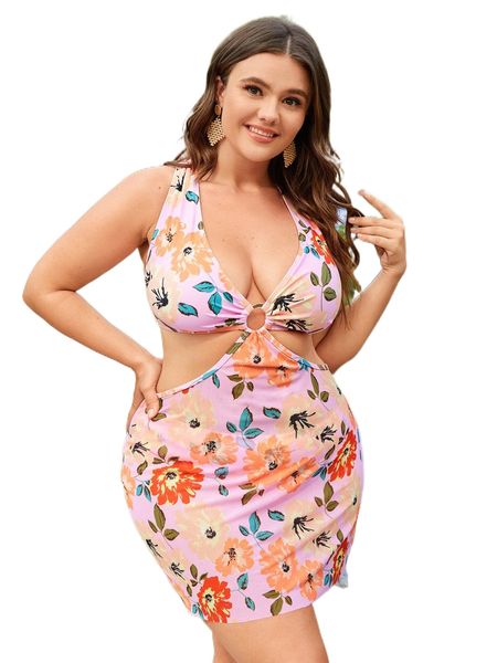 

plus floral print cut out bikini swimsuit d4lf#, White;black