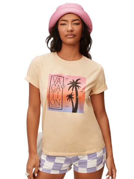 

x designbyallyssa letter & coconut tree print roll up sleeve tee 48e0#, White