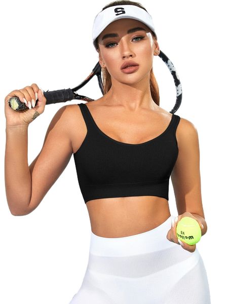 

medium support solid padding sports bra 45qs#, Gray