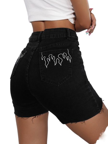 

fire embroidery raw hem denim shorts y5rr#, White;black