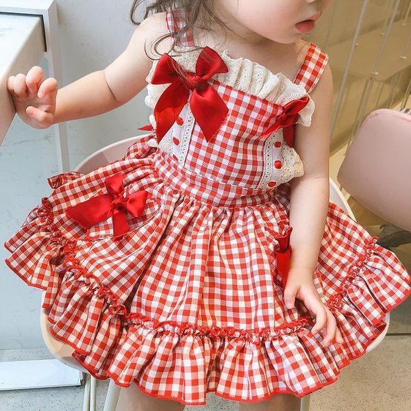 Mädchen Kleider Baby Mädchen Sommer Niedliche Rote Schleife Plaid Weste Kleid Kinder Ärmellos Lolita Prinzessin Y390Girl's