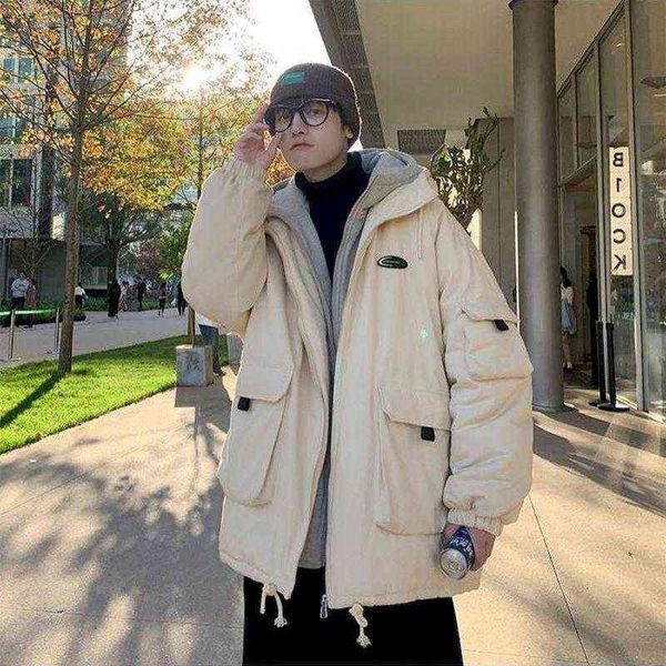 

men's down & parkas winter hooded workwear fake two-piece padded jacket men thicken korean trend quilted coats loose casual warm male j, Black