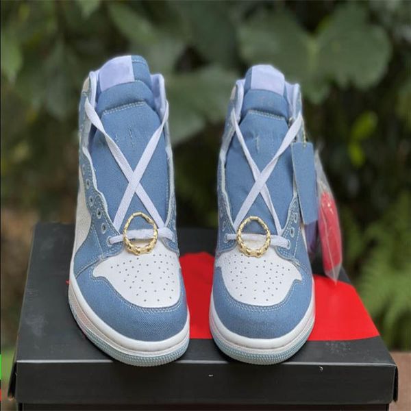 

boots air authentic 1 high og wmns denim basketball shoes white worn blue metallic gold 1s sneakers retro men women sports shoes with, Black