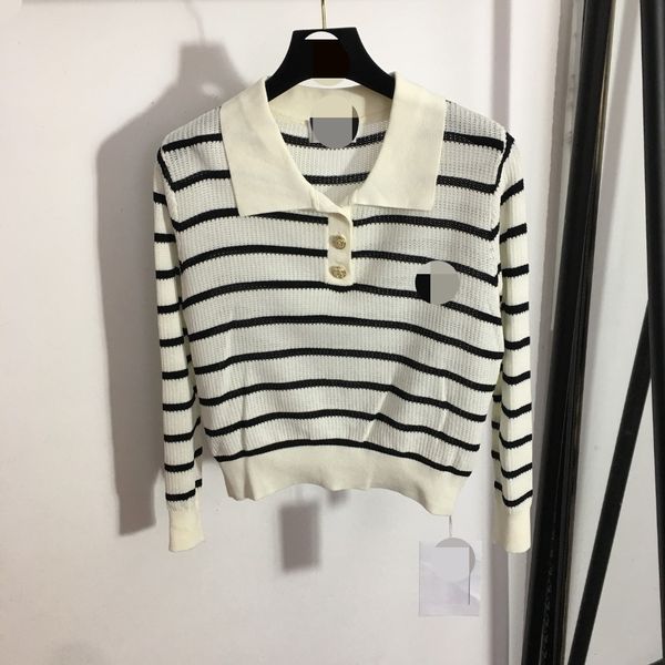 

712 l 2022 runway summer brand same style sweater lapel neck long sleeve white striped women's sweaters meiyi, White;black