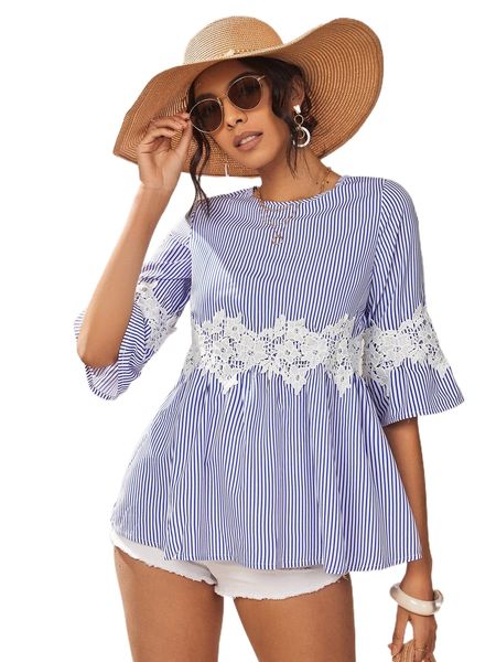 

striped print contrast guipure lace blouse 845s#, White