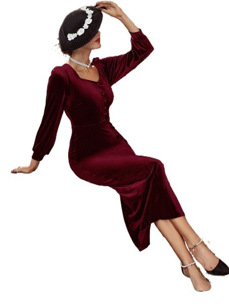 

sweetheart neck puff sleeve split thigh velvet dress e9in#, Black;gray