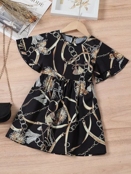 

toddler girls tassel & chain print dress she, Red;yellow