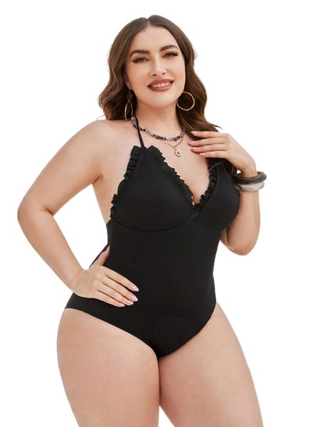 

plus frill trim backless one piece swimsuit x77x#, White;black
