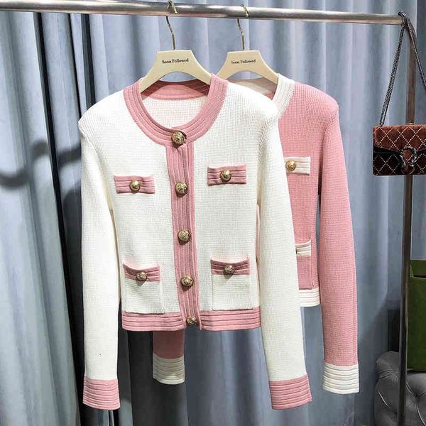 

women's knits & tees temperament single breasted contrast color long sleeved cardigan female autumn and winter french celebrity slim fi, White