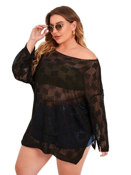 

plus hollow out split hem drop shoulder cover up without bikini v9y4#, Black